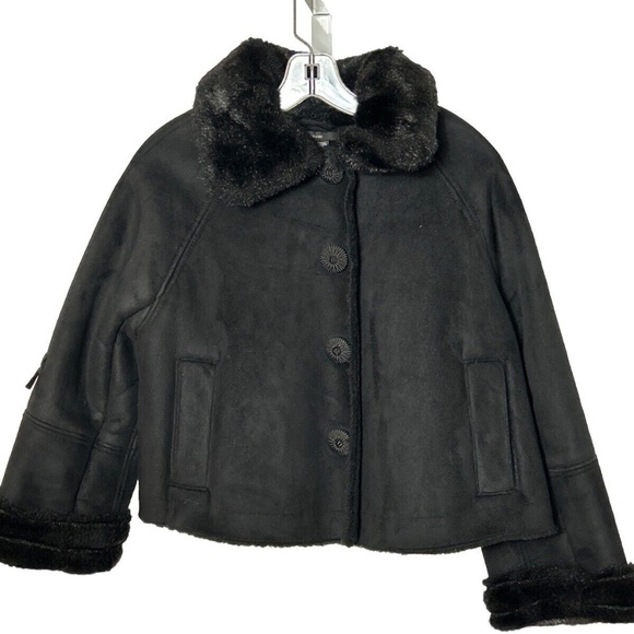 Zara Women’s Size Medium Black Button Front Coat Faux Fur Trim Crop Jacket - Picture 1 of 12